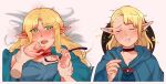  2girls blonde_hair blue_robe blue_shirt blush choker closed_eyes commentary congee_(hedgehrok) crying crying_with_eyes_open dungeon_meshi ear_blush elf falin_touden female_pov fork from_above green_eyes highres holding holding_another&#039;s_wrist holding_fork leash long_hair lying marcille_donato multiple_girls on_back on_bed pointy_ears pov red_choker robe shirt tears yuri 
