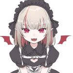  1girl :3 apron black_dress brown_hair chest_harness clothing_cutout collared_dress colored_inner_hair cowboy_shot detached_wings dress fang harness heart_cutout koze_niire long_pointy_ears looking_at_viewer maid_headdress makaino_ririmu makaino_ririmu_(5th_costume) medium_hair multicolored_hair nijisanji open_mouth pink_hair pointy_ears puffy_short_sleeves puffy_sleeves red_eyes short_sleeves simple_background smile solo straight-on v_arms waist_apron white_background wings 