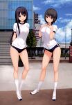  2girls absurdres aoyama_sumika black_buruma black_hair blue_buruma buruma coffee-kizoku gym_uniform highres multiple_girls original panties_under_buruma shiramine_rika 