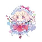  1girl ascot bat_wings blonde_hair chibi crystal flandre_day flandre_scarlet hat hat_ribbon hiyuu_(hiyualice) mob_cap multicolored_wings one_side_up puffy_short_sleeves puffy_sleeves red_eyes red_vest ribbon short_sleeves side_ponytail skirt skirt_set solo star_(symbol) touhou vest white_hat wings yellow_ascot 