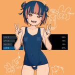  1girl :d ass_visible_through_thighs bare_shoulders black_nails blue_hair collarbone commentary covered_navel crotch_cutout double_v flat_chest flying_sweatdrops highres looking_at_viewer multicolored_hair orange_background orange_eyes orange_hair pasties_under_clothes piercing post_(shake_shakepost) school_swimsuit screenshot_inset sharp_teeth short_hair short_twintails smile solo sweat swimsuit symbol-only_commentary teeth tongue_piercing translation_request twintails twitter two-tone_hair v 
