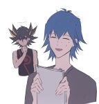  ... 2boys alternate_costume bad_id bad_lofter_id black_hair black_tank_top blue_eyes blue_hair bruno_(yu-gi-oh!) closed_eyes cropped_torso expressionless flat_color fudo_yusei grey_shirt hand_on_own_chin hand_up hands_up highres holding holding_paper male_focus multicolored_hair multiple_boys naoki_(2rzmcaizerails6) nervous_smile no_jacket open_mouth paper shirt short_hair simple_background smile spiked_hair streaked_hair sweat tank_top upper_body white_background yu-gi-oh! yu-gi-oh!_5d&#039;s 