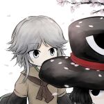  2others androgynous ascot black_eyes black_hair black_hat black_sleeves branch brown_ascot brown_coat brown_sleeves cherry_blossoms closed_mouth coat collared_coat commentary enraku_tsubakura eye_of_senri falling_petals flower grey_hair hashtag-only_commentary hat highres houlen_yabusame jinbei_(clothes) kuroda_(kurota_ne) layered_sleeves len&#039;en light_smile long_sleeves looking_at_another looking_back medium_hair multiple_others other_focus petals pink_flower short_hair short_over_long_sleeves short_sleeves simple_background top_hat upper_body white_background wide_sleeves 