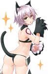  animal_ears ass bare_shoulders black_legwear black_panties blush breasts cat_ears cat_tail chestnut_mouth fate/apocrypha fate/grand_order fate_(series) from_behind gloves green_eyes jack_the_ripper_(fate/apocrypha) kemonomimi_mode looking_at_viewer midriff open_mouth panties paw_gloves paws scar short_hair shunichi silver_hair small_breasts solo tail thighhighs thighs underwear 