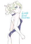  alternate_hairstyle ass blonde_hair blue_eyes blush clothes_pull copyright_name diana_cavendish earrings highres jewelry kengo little_witch_academia looking_back one-piece_swimsuit ponytail solo swimsuit tied_hair 