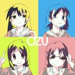  4girls :3 adjusting_eyewear album_cover album_cover_redraw azumanga_daioh azumanga_daioh&#039;s_school_uniform black_hair blue_eyes blur_(band) closed_eyes closed_mouth collarbone copyright_name cover derivative_work expressionless glasses hand_up highres jitome kasuga_ayumu long_hair mizuhara_koyomi multiple_girls parody sakaki_(azumanga_daioh) school_uniform short_hair suikatabetaiii takino_tomo tinted_eyewear upper_body v yellow_eyes 