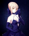  artoria_pendragon_(all) bad_id bad_pixiv_id bangs bare_shoulders blonde_hair blue_background blue_dress blue_gloves blue_ribbon braid breasts choker cleavage closed_mouth collarbone commentary dress elbow_gloves expressionless fan fate/stay_night fate_(series) folding_fan french_braid gloves gradient gradient_background hair_bun hair_ribbon holding holding_fan looking_at_viewer medium_breasts no_bra pale_skin revision ribbon saber_alter sidelocks sleeveless sleeveless_dress solo tsurime upper_body yellow_eyes zhano_kun 