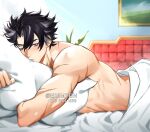  1boy artist_name bare_shoulders bed_sheet bedroom biceps black_hair blue_eyes closed_mouth eriimyon genshin_impact hair_between_eyes highres hugging_object indoors looking_at_viewer male_focus multicolored_hair muscular muscular_male on_bed one_eye_closed pillow pillow_hug scar scar_on_arm solo streaked_hair topless_male twitter_username under_covers wriothesley_(genshin_impact) 