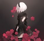  a479098236 back_cutout black_background black_blindfold black_dress black_gloves black_hairband black_legwear blindfold commentary_request covered_eyes dress feather-trimmed_sleeves flower from_side gloves gradient gradient_background hairband highres nier_(series) nier_automata puffy_sleeves red_flower red_rose rose short_hair standing thighhighs turtleneck turtleneck_dress yorha_no._2_type_b 
