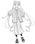  1girl absurdres bishoujo_senshi_sailor_moon dithering double_bun dress full_body hair_bun highres long_dress long_hair looking_at_viewer monochrome neginoaoitokoro open_clothes open_mouth open_shirt sandals shirt simple_background solo standing standing_on_one_leg striped_clothes striped_dress tsukino_usagi twintails vertical-striped_clothes vertical-striped_dress 