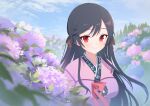  1girl absurdres black_hair blue_sky blurry blurry_foreground boku_no_kanojo_wa_ningyohime!? breasts closed_mouth commission dot_nose floating_hair flower highres japanese_clothes kaerunrun kimono koma_ion long_hair looking_at_viewer outdoors pink_kimono pixiv_commission red_eyes sky smile solo upper_body 