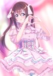  1girl :t ajapar alternate_hairstyle blue_eyes blurry blurry_background blush bow breasts brown_hair commentary_request dress frilled_dress frills hair_between_eyes heart heart_hands highres koakuma_love layered_dress long_hair looking_at_viewer love_live! love_live!_nijigasaki_high_school_idol_club medium_breasts osaka_shizuku pink_dress pout sidelocks solo standing twintails upper_body white_bow 