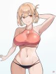 1girl arm_behind_head ass_visible_through_thighs bikini blonde_hair breasts closed_mouth collarbone cowboy_shot fukuya_art highres large_breasts lycoris_recoil mismatched_bikini navel nishikigi_chisato red_eyes short_hair smile solo stomach swimsuit 