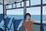  1girl 4_89 arm_support backpack bag black_eyes black_hair bob_cut bus_interior day grey_bag grey_pants highres looking_to_the_side ocean orange_shirt original pants parted_lips shirt sitting sky solo water 