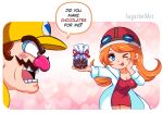 1boy 1girl absurdres artist_name big_nose blue_eyes blush brown_hair chocolate coat dress facial_hair goggles goggles_on_headwear hat heart heart_background helmet highres long_hair mona_(warioware) motorcycle_helmet mustache one_eye_closed orange_hair pink_nose red_dress speech_bubble sugarbell tongue tongue_out wario warioware white_coat yellow_hat 