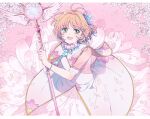  1girl antenna_hair bracelet brown_hair cardcaptor_sakura cherry_blossoms collared_dress commentary_request dress green_eyes hair_ornament holding holding_wand jewelry kinomoto_sakura looking_at_viewer magical_girl open_mouth petals rii2a77ru short_hair smile solo wand 