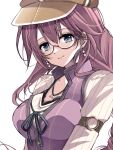  1girl blue_eyes braid braided_ponytail breasts double-parted_bangs earrings eiyuu_densetsu emma_millstein glasses hair_between_eyes hair_ornament hat jewelry large_breasts long_hair looking_at_viewer natsusechoco peaked_cap pearl_earrings pendant pink_hair ponytail portrait sen_no_kiseki sen_no_kiseki_iii simple_background smile solo upper_body white_background 