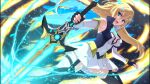  1girl and_the_hero_was_never_seen_again angry armpits astel black_thighhighs blonde_hair blue_eyes blurry blurry_background breasts cleavage detached_sleeves fingerless_gloves game_cg gloves glowing glowing_sword glowing_weapon glowing_wings gold_trim hair_ornament highres holding holding_sword holding_weapon jacket light_particles long_hair looking_at_viewer mecha_musume mechanical_wings medium_breasts non-web_source open_mouth pleated_skirt skirt solo sword thighhighs thighs tongue very_long_sleeves weapon white_skirt wings 