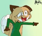 anthro averi_(fiddleafox) brown_body brown_fur canid canine clothing dipstick_tail female female_anthro fox fur gesture gloves_(marking) green_clothing green_eyes hair hand_gesture hi_res highklan mammal markings pointing simple_background solo standing tail tail_markings white_body white_fur