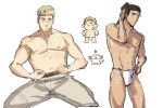  2boys arm_behind_head artist_self-insert axolotl black_eyes black_hair blonde_hair brown_eyes brown_pants chibi closed_mouth commentary cowboy_shot dungeon_meshi fundoshi highres invisible_chair japanese_clothes laios_touden long_hair male_focus multiple_boys nipples pants ponytail saifoqu short_hair shurou simple_background sitting standing symbol-only_commentary topless_male very_short_hair white_background 