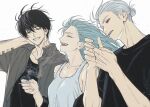  1girl 2boys akao_rion black_hair blue_hair highres kuroiisana multiple_boys nagumo_(sakamoto_days) sakamoto_days sakamoto_taro simple_background smile smoking white_background white_hair 