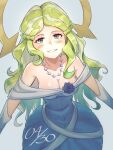  1girl absurdres blue_dress blue_eyes breasts cleavage diana_cavendish dress green_hair highres jewelry little_witch_academia long_hair looking_at_viewer madabau medium_breasts multicolored_hair necklace pearl_necklace smile solo 