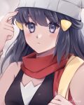  1girl beanie black_hair black_shirt blush closed_mouth commentary_request dawn_(pokemon) donutous grey_eyes hair_ornament hairclip hat holding_strap long_hair pokemon pokemon_dppt red_scarf scarf shirt sidelocks sleeveless sleeveless_shirt solo upper_body white_hat 