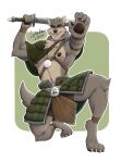 2024 absurd_res anklet anthro areola arm_outstretched armpit_tuft bent_arm biped border brown_areola brown_body brown_fur canid canine canis cape claws clothed clothing far_beyond_the_world_(series) fur green_cape green_clothing green_eyes grey_body grey_fur head_tuft hi_res jewelry kneeling letsudraw looking_at_viewer male mammal melee_weapon midriff multicolored_body multicolored_fur muscular muscular_anthro muscular_male neck_tuft nipples partially_clothed pawpads paws ranok_(far_beyond_the_world) reaching_towards_viewer smile solo sword teeth tiptoes tuft two_tone_body two_tone_fur weapon white_border wolf wristband