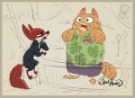 aloha_shirt anthro artist_name barefoot bottomwear byron_howard canid canine clothing colored concept_art disney domestic_cat duo feet felid feline felis fox fur furniture green_eyes looking_at_another male mammal narrowed_eyes necktie nick_wilde official_art open_mouth orange_body orange_fur pattern_clothing pattern_shirt pattern_topwear red_body red_fur shirt shocked short_legs shorts signature simple_background sitting sketch slightly_chubby slightly_chubby_anthro stool striped_body striped_fur stripes suit tail topwear translucent_table whiskers zootopia