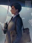  1boy bag black_gloves black_hair black_suit blue_eyes copyright_name dairoku_ryouhei dark-skinned_male dark_skin earrings gloves handbag jewelry long_sleeves male_focus outdoors profile rain sato_mitsuru satono_omo short_hair solo_focus stud_earrings suit umbrella 