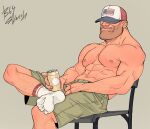  1boy abs absurdres american_flag_hat bara beard_stubble can cheekbones facial_hair hat_over_eyes helmet highres large_pectorals leg_up male_focus mature_male muscular muscular_male navel nipples on_chair pectorals serg64_(b64arts) shorts sitting smile socks soldier_(tf2) solo stomach stubble team_fortress_2 topless_male 