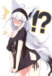  !? 1girl ahoge animal_ears black_headband black_shirt blue_eyes blush breasts cleavage fox_ears fox_girl fox_tail headband highres hololive kaiju_ryoku long_hair looking_at_viewer low_ponytail official_alternate_costume shirakami_fubuki shirakami_fubuki_(loungewear) shirt small_breasts tail tied_shirt virtual_youtuber white_background 