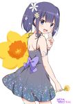  dress eyebrows_visible_through_hair flower hair_between_eyes hair_flower hair_ornament looking_at_viewer open_mouth purple_dress purple_eyes purple_hair ragho_no_erika shoulder_blades solo sukurizo! sundress twintails v 