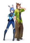  1girl animal_ears aqua_(kingdom_hearts) baggy_pants blue_eyes blue_hair boots breasts brown_hair bunny_ears bunny_girl bunny_tail cosplay crossed_arms eyelashes fox_boy fox_ears full_body gloves gogo_(detteiu_de) highres judy_hopps judy_hopps_(cosplay) kingdom_hearts kingdom_hearts_birth_by_sleep looking_at_viewer medium_breasts necktie nick_wilde nick_wilde_(cosplay) pants parody police police_uniform policewoman short_hair simple_background smile spiked_hair standing tail terra_(kingdom_hearts) uniform white_background zootopia 