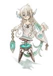  amputee aqua_hair blonde_hair blue_eyes chain commentary doll_joints eyepatch full_body hair_between_eyes highres lantern long_hair multicolored_hair original shirt skinny smile solo spine towa-darkmistic white_background wing_ears 