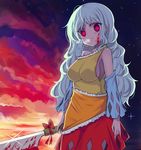  blood blood_on_face bloody_weapon breasts cleaver heavy_breathing holding holding_weapon long_hair medium_breasts red_eyes ribbon sakata_nemuno silver_hair solo touhou very_long_hair vils weapon yandere 