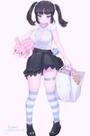  bag black_hair blue_eyes blush breasts coin_purse copyright_request hand_on_hip large_breasts long_hair looking_at_viewer pink_background shopping_bag simple_background skindentation smile smug solo striped striped_legwear stuffed_animal stuffed_bunny stuffed_toy teddy_bear thighhighs thighs twintails ushinomiya 