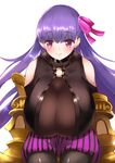  bare_shoulders blush bow breasts claws cleavage detached_sleeves fate/extra fate/extra_ccc fate/grand_order fate_(series) hair_bow hair_ribbon huge_breasts kurokku long_hair looking_at_viewer o-ring o-ring_top parted_lips passion_lip purple_eyes purple_hair ribbon see-through simple_background sitting skindentation smile upper_body very_long_hair white_background 