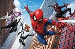  2boys 2girls anya_corazon bodysuit group gwen_stacy marvel miles_morales multiple_boys multiple_girls patrick_brown peter_parker spider-girl spider-gwen spider-man spider-man_(miles_morales) spider-man_(series) superhero 