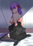  asymmetrical_bangs bangs bb_(fate)_(all) bb_(fate/extra_ccc) bed_sheet black_legwear blush breasts closed_mouth commentary_request embarrassed eyebrows_visible_through_hair fate/extra fate/extra_ccc fate_(series) from_side hair_ribbon high_heels holding holding_wand indoors kaname_(melaninusa09) lace-trimmed_legwear large_breasts long_hair looking_at_viewer looking_back nipples purple_eyes purple_hair red_ribbon ribbon shade sitting solo thighhighs topless very_long_hair wand wariza wavy_mouth 