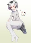  absurdres ass black_hair blush brown_eyes coat fur_collar grey_legwear head_wings highres kemono_friends long_sleeves looking_at_viewer multicolored_hair no_shoes northern_white-faced_owl_(kemono_friends) open_mouth pantyhose short_hair simple_background solo thighband_pantyhose white_hair ze_(wzfnn001) 