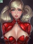  1girl areola_slip blonde_hair blue_eyes blush bodysuit breasts cleavage earrings female hairclip highres jewelry large_breasts latex_suit long_hair looking_at_viewer nipple_slip persona persona_5 portrait rimu_niku saliva solo takamaki_anne tongue tongue_out twintails unzipped upper_body zipper 