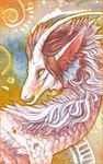  2012 brown_hair dragon feral hair horn scales shinerai simple_background solo traditional_media_(artwork) yellow_eyes 