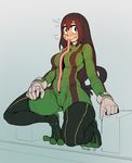  1girl asui_tsuyu black_eyes black_hair blush bodysuit boku_no_hero_academia breasts frog_girl full-face_blush full_body gloves hair_between_eyes hair_rings long_hair long_tongue low-tied_long_hair medium_breasts monster_girl simple_background solo squatting thighhighs tongue tongue_out triuni white_gloves 