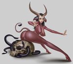  1girl animal_ears black_hair blue_eyes bodysuit breasts cameltoe grey_background high_heels horns impossible_bodysuit impossible_clothes kww868 large_breasts long_hair looking_at_viewer looking_back monster_girl original simple_background sitting skin_tight skull snake solo tail 