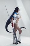  1girl breasts cosplay gloves ikkitousen kan&#039;u_unchou large_breasts long_hair panties photo solo spear standing torn_clothes weapon white_panties 