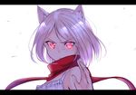  animal_ears cat_ears closed_mouth commentary_request eyebrows_visible_through_hair glowing glowing_eyes hand_up letterboxed looking_at_viewer original red_eyes silver_hair simple_background solo suzunari_arare upper_body white_background yuki_arare 