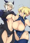  ahoge artoria_pendragon_(all) artoria_pendragon_(lancer) artoria_pendragon_(lancer_alter) blonde_hair blush breasts bursting_breasts cleavage colored_eyelashes covered_navel cowboy_shot curvy dual_persona fate/grand_order fate_(series) food green_eyes grey_background highleg highleg_leotard huge_breasts kamaboko_(ossann0125) leotard looking_at_viewer looking_down multiple_girls navel no_bra open_mouth platinum_blonde_hair pose shiny shiny_hair shiny_skin simple_background sweat thigh_gap underboob yellow_eyes 