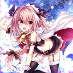  astolfo_(fate) black_santa_costume blush braid christmas fang fate/apocrypha fate_(series) garter_straps gloves hair_ribbon hat long_hair looking_at_viewer male_focus midriff navel open_mouth otoko_no_ko pink_hair purple_eyes ribbon risei_jouhatsushita_ponco sack santa_costume santa_hat single_braid smile thighhighs 