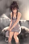  &gt;:( bangs bare_shoulders blush breasts cleavage closed_mouth collarbone dripping frown hair_bun highres kanikou long_hair medium_breasts mole mole_on_breast naked_towel onsen original outdoors purple_eyes rock see-through sidelocks sitting sketch soaking_feet solo steam towel v-shaped_eyebrows water wet_towel 